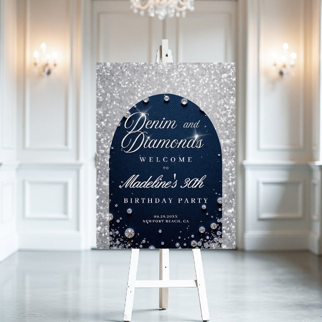 Denim Diamonds Elegant Shimmer Arch Party Welcome Foam Board (denim and diamonds party welcome sign script birthday for women white elegant classy blue arch)
