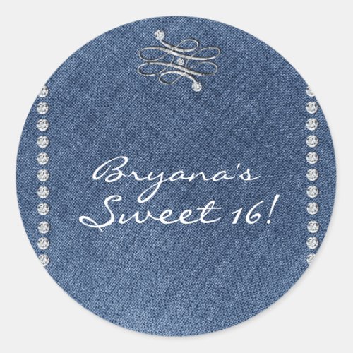 Denim  Diamonds Emblem Birthday Party Favor Classic Round Sticker