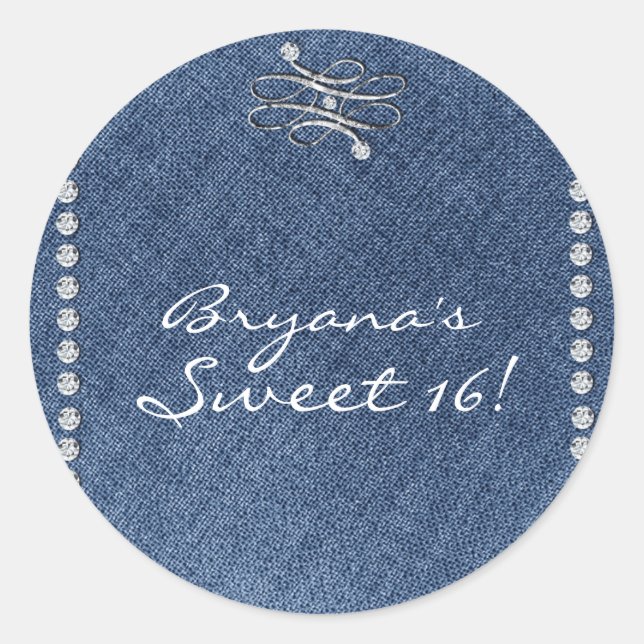 Denim & Diamonds Emblem Birthday Party Favor Classic Round Sticker (Front)