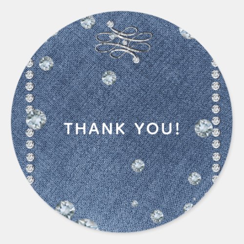 Denim  Diamonds Emblem Bling Trendy Favor Classic Round Sticker