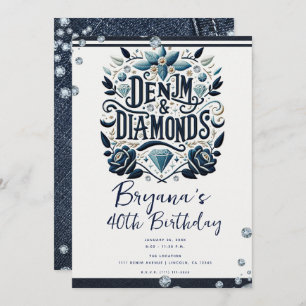 Denim & Diamonds Embroidered Floral Birthday Party Invitation
