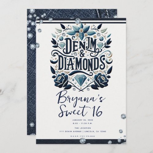 Denim  Diamonds Embroidered Floral Sweet 16 Invitation