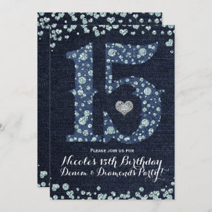 Denim & Diamonds Fifteen 15 15th Birthday Party Invitation
