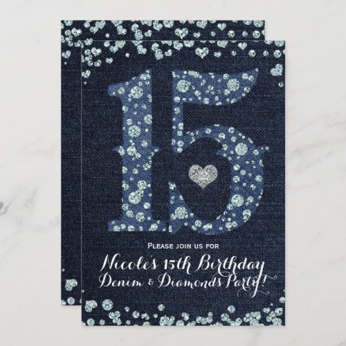 Denim  Diamonds Fifteen 15 15th Birthday Party Invitation