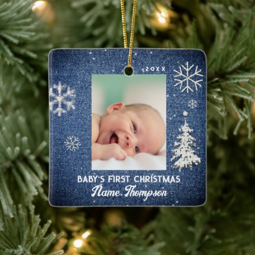 Denim Diamonds First Christmas Baby Birth Stats Ceramic Ornament