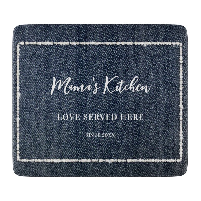Denim Diamonds Frame Mama's Kitchen Love Farmhouse Cutting Board (Front)