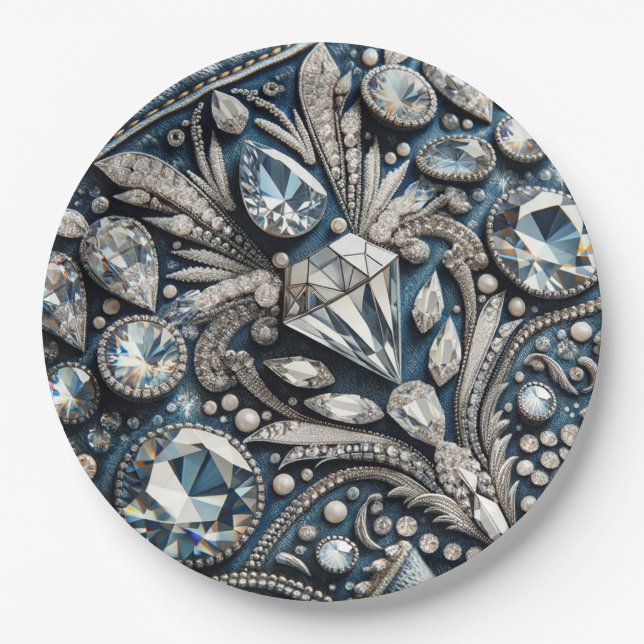 Denim & Diamonds Gemstone Jean Birthday Party Paper Plates (Front)