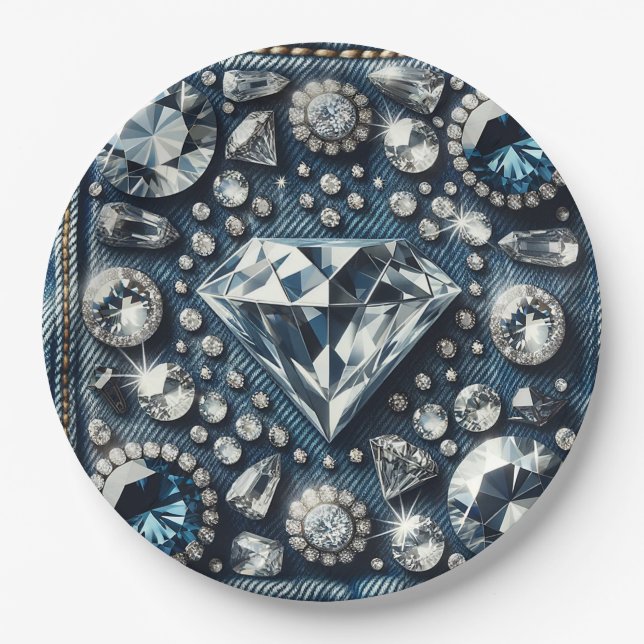 Denim & Diamonds Glam Bling Birthday Party Paper Plates (Front)