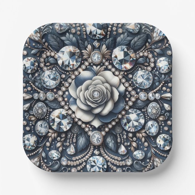 Denim & Diamonds Glam Bling Rose Birthday Party Paper Plates (Front)