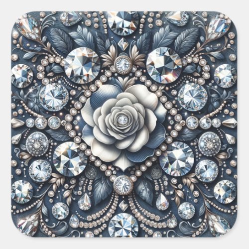 Denim  Diamonds Glam Bling Rose Birthday Party Square Sticker