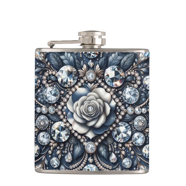 Denim & Diamonds Glam Bling Rose Jewels Flask (Front)