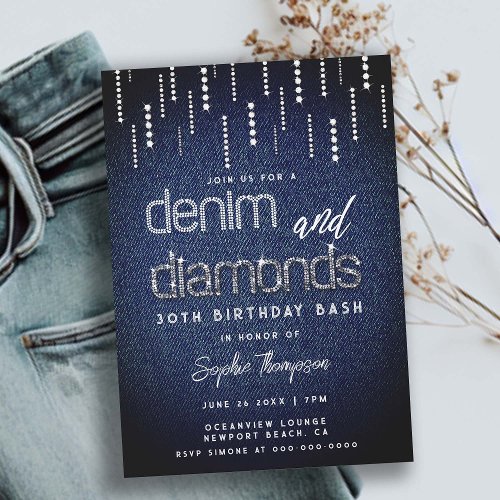 Denim Diamonds Glam Drip Classy Chic 30th Birthday Invitation