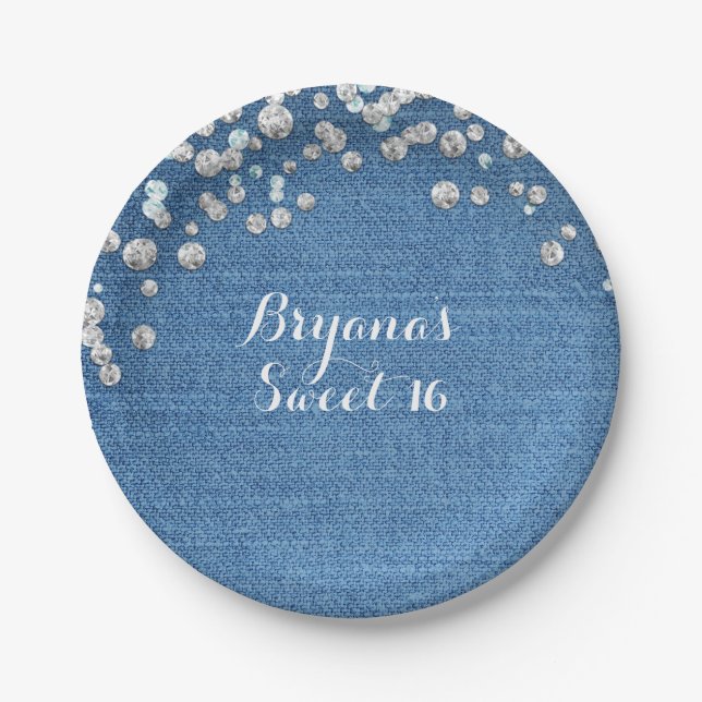 Denim & Diamonds Glam Scattered Bling Custom Party Paper Plates (Front)