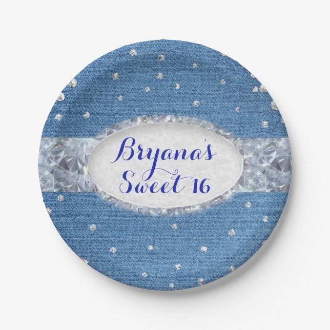 Denim & Diamonds Glam Scattered Bling Custom Party Paper Plates (Front)