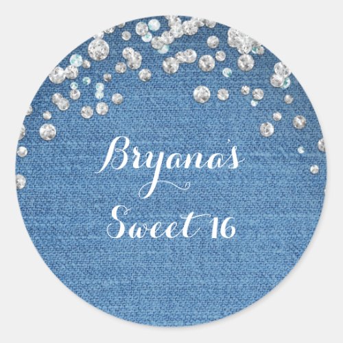 Denim  Diamonds Glam Scattered Bling Favor Classic Round Sticker