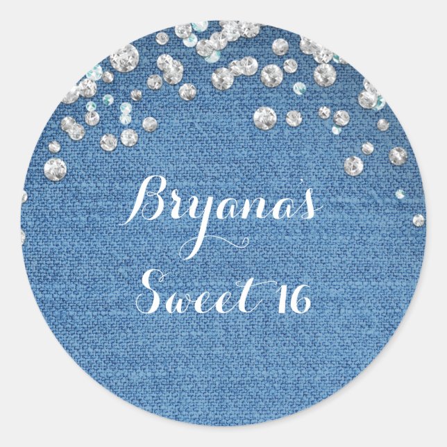 Denim & Diamonds Glam Scattered Bling Favor Classic Round Sticker (Front)