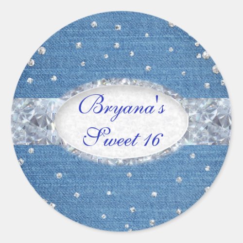 Denim  Diamonds Glam Scattered Bling Favor Classic Round Sticker