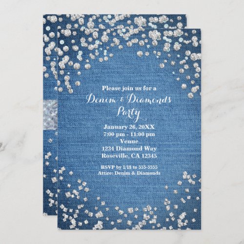 Denim  Diamonds Glam Scattered Bling Invitations