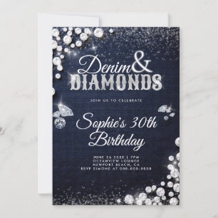 Denim Diamonds Glam Script Elegant 30th Birthday Invitation