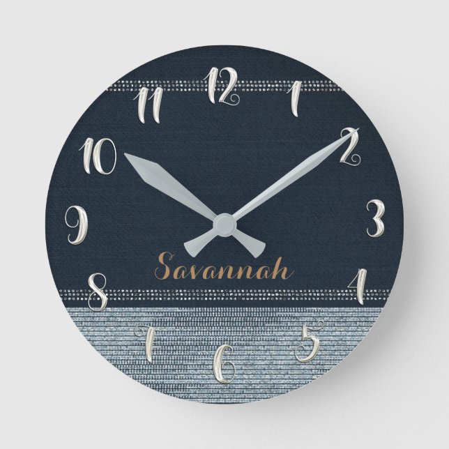 Denim & Diamonds Glam Sequins Glitter Personalized Round Clock (Front)