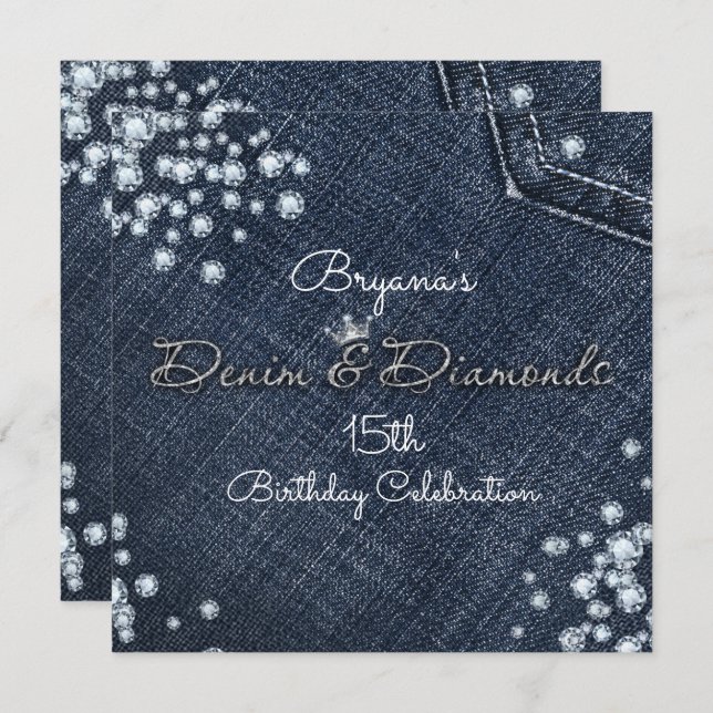 Denim & Diamonds Glam Tiara Crown Party Invitation (Front/Back)