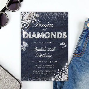 Denim Diamonds Glam Type Classy 30th Birthday Invitation