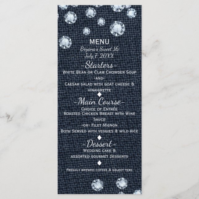 Denim & Diamonds Glamour Chic Event Menu Card (Front)