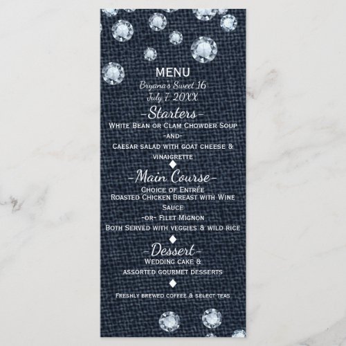 Denim  Diamonds Glamour Chic Event Menu Card