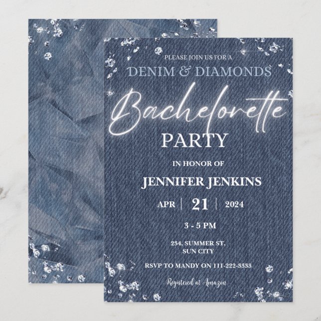 Denim Diamonds Glitter Bling Elegant Bachelorette  Invitation (Front/Back)
