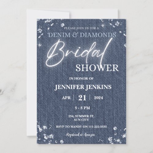 Denim Diamonds Glitter Bling Elegant Bridal Shower Invitation