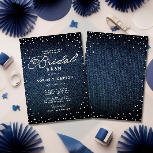Denim Diamonds Glitter Blue Elegant Bridal Bash Invitation
