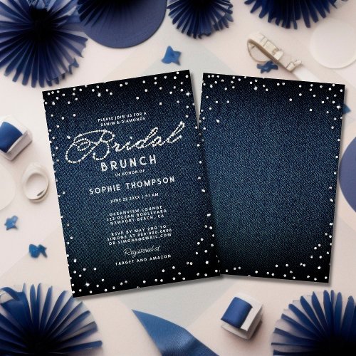 Denim Diamonds Glitter Blue Elegant Bridal Brunch Invitation