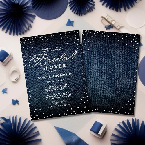 Denim Diamonds Glitter Blue Elegant Bridal Shower Invitation