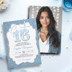 Denim Diamonds Glitter Chic Frame Photo Sweet 16 Invitation