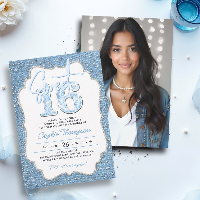 Denim Diamonds Glitter Chic Frame Photo Sweet 16 Invitation (sweet sixteen invitation 16th birthday photo template denim diamonds elegant frame bling fashion)