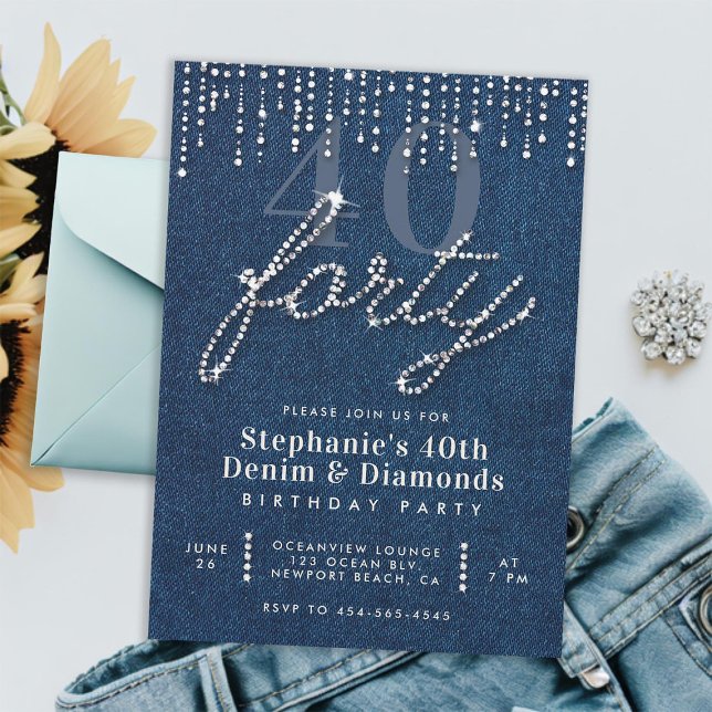 Denim Diamonds Glitter Drips 40th Birthday Party Invitation (denim diamonds 40th birthday for women invitation glitter drips classy rhinestones calligraphy chic)