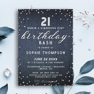 Denim Diamonds Glitter Elegant 21st Birthday Party Invitation