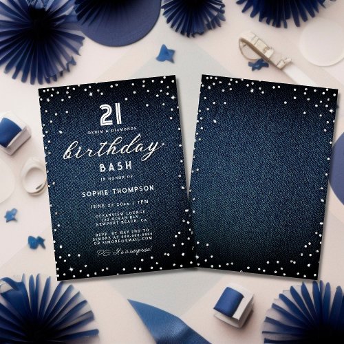 Denim Diamonds Glitter Elegant 21st Birthday Party Invitation