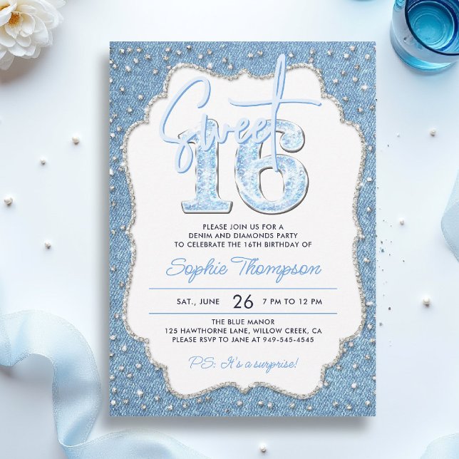 Denim Diamonds Glitter Elegant Frame Sweet 16 Invitation (sweet sixteen invitation 16th birthday denim diamonds elegant frame bling fashion teen girl)