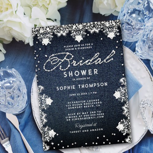 Denim Diamonds Glitter Lace Elegant Bridal Shower Invitation