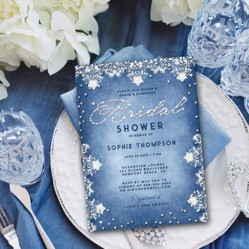 Denim Diamonds Glitter Lace Modern Bridal Shower Invitation