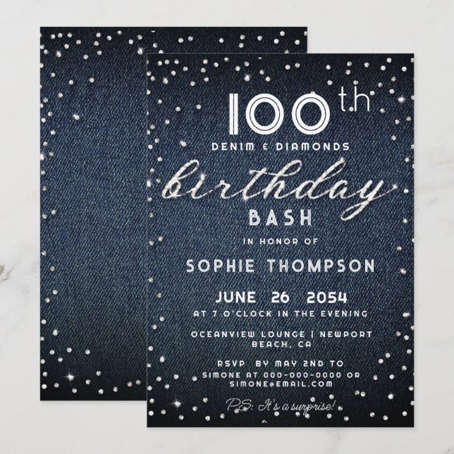 Denim Diamonds Glitter Modern 100th Birthday Party Invitation (Front/Back)