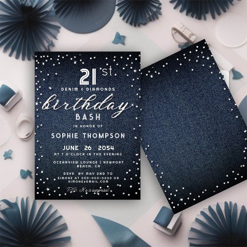 Denim Diamonds Glitter Modern 21st Birthday Party Invitation