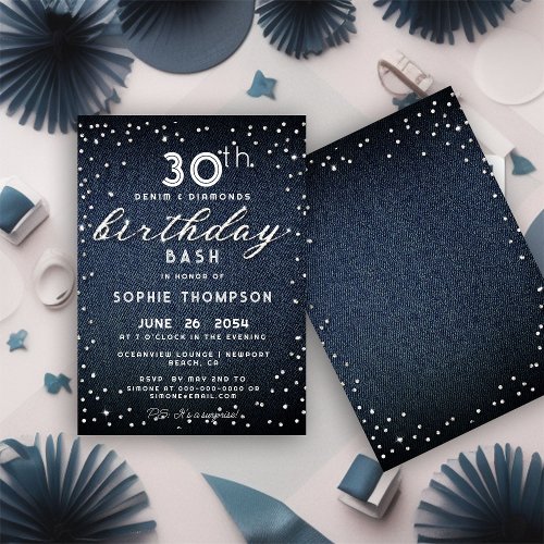 Denim Diamonds Glitter Modern 30th Birthday Party Invitation