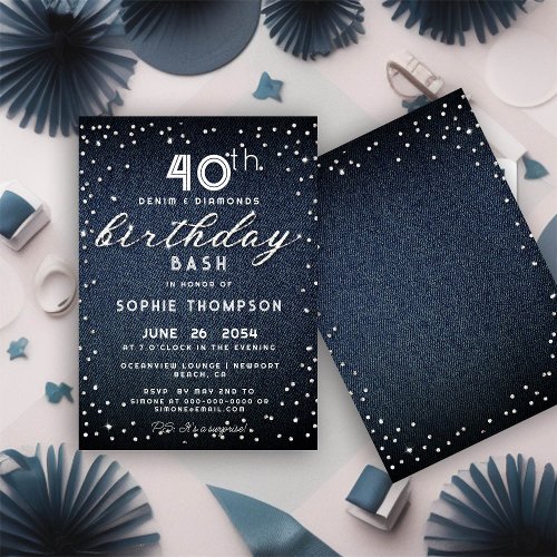 Denim Diamonds Glitter Modern 40th Birthday Party Invitation