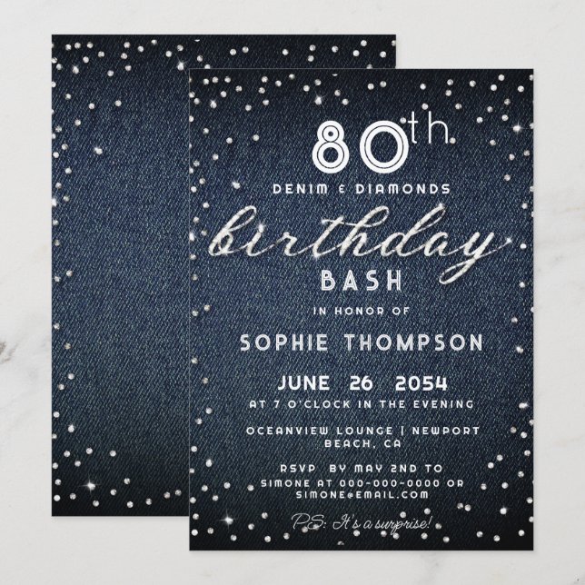 Denim Diamonds Glitter Modern 80th Birthday Party Invitation (Front/Back)