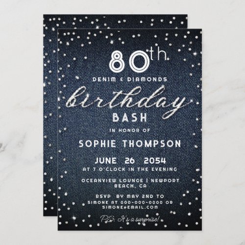 Denim Diamonds Glitter Modern 80th Birthday Party Invitation