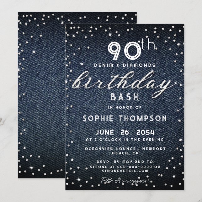 Denim Diamonds Glitter Modern 90th Birthday Party Invitation (Front/Back)