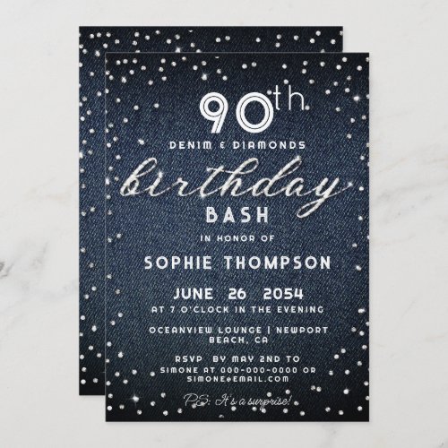 Denim Diamonds Glitter Modern 90th Birthday Party Invitation
