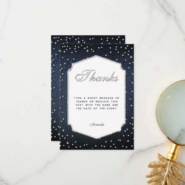 Denim Diamonds Glitter Rhinestones Frame Thank You Card (Front/Back In Situ)